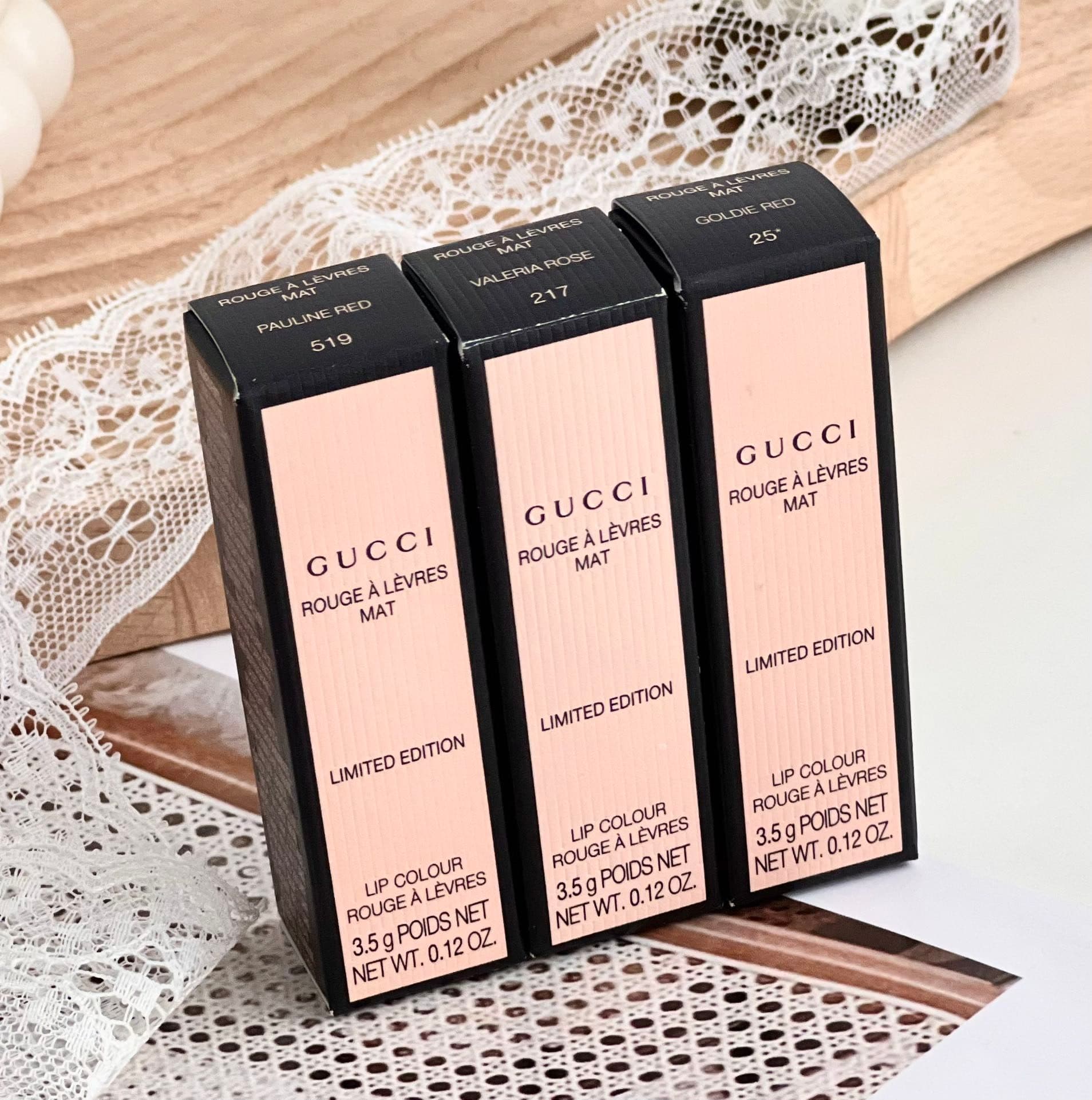 Gucci limited edition heart-shaped lipstick in a matte, velvety finish. Available with Chinese label; code 1311. In stock: Shade 25-217-519