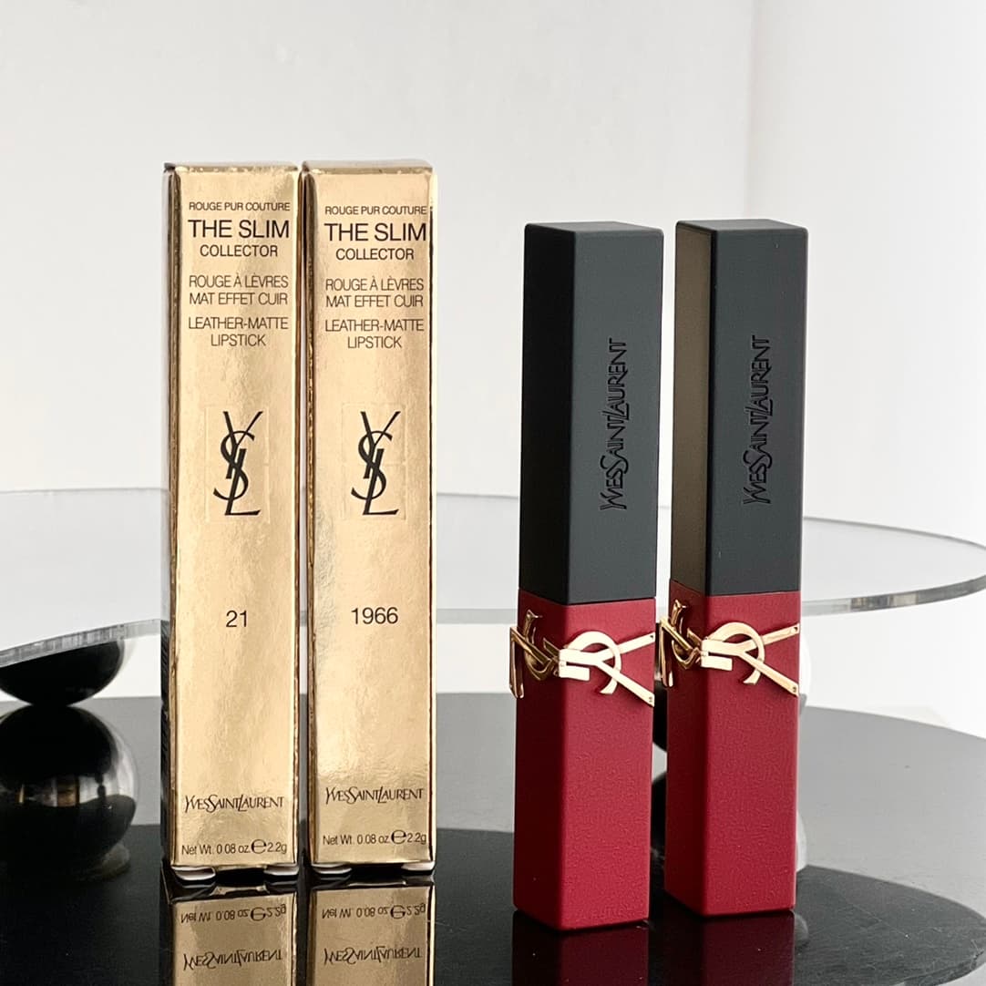 Counter quality YSL 2022 limited edition red leather collector’s edition small gold bar lipstick. Color number in stock: 1966 irreproducible red brown-21 uninhibited retro red
