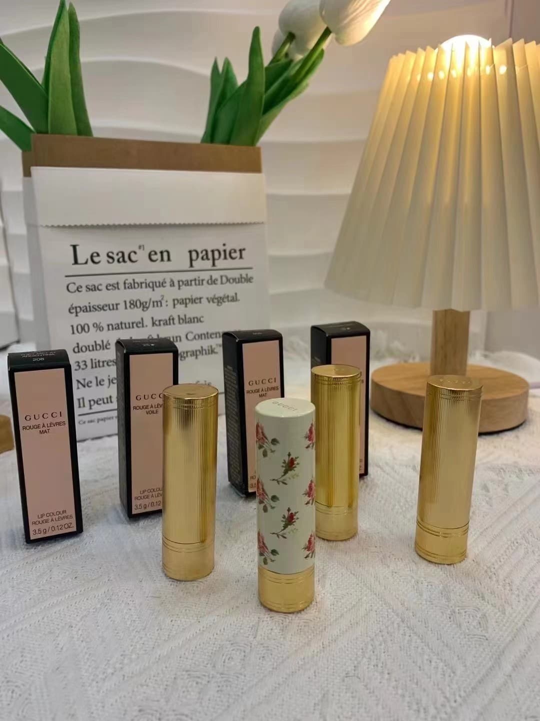 Gucci gold tube lipstick, floral design, new date, with Chinese label, in stock