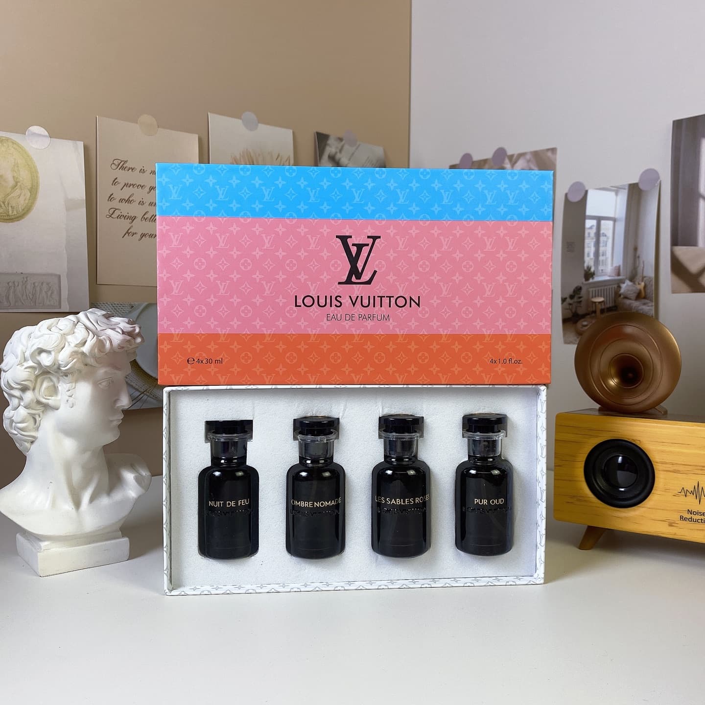 LV Black Bottle Limited Edition Sample Set (4 pieces, 30ml each, with spray nozzle), contains: Night of Fire, Floating Shadow, Saab Rose, and Pure Oud
